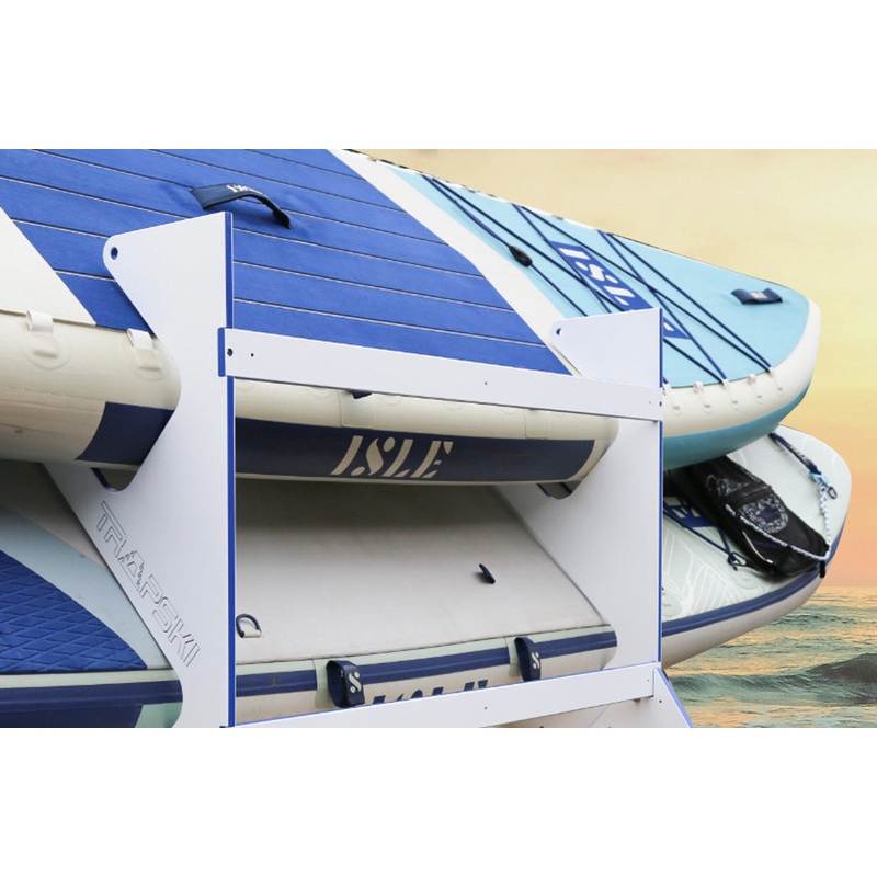 TRAPSKI Premium Paddleboard Rack  White/Blue, 2-Slot Wall or Dock Mount with Paddle Holders