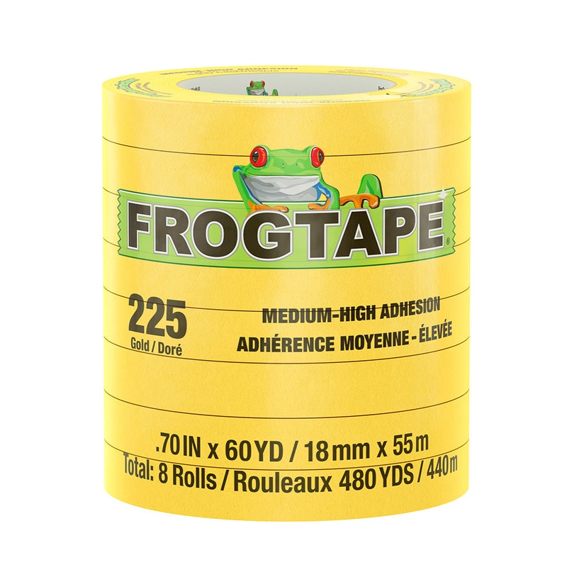 FrogTape CP 225 Medium-High Adhesion Masking Tape – 18MM x 55M x 8-Pack – Gold – Rated for 225?F